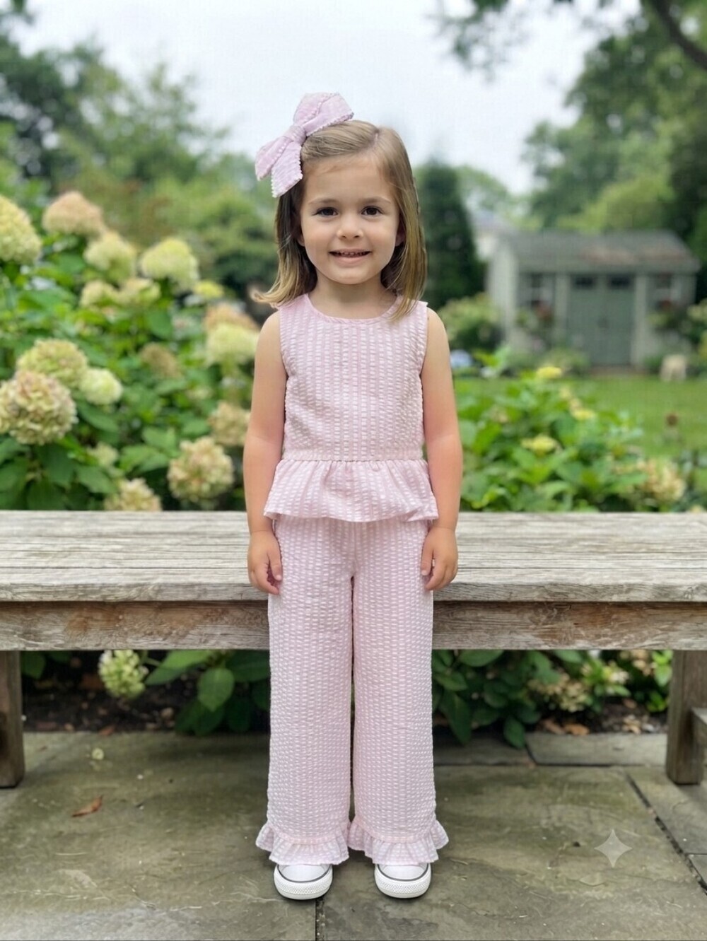 Rachel Zoe Pink Striped Seersucker 2-Piece Pant Set w/ Pearl-Trim Bow, S 4, NWT